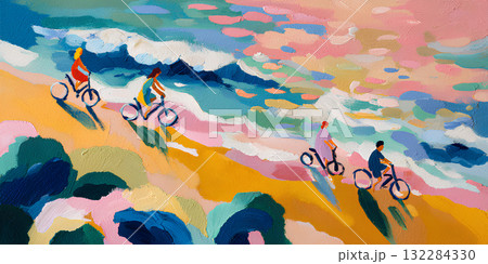 サイクリングを楽しむ人々(油彩) / People Enjoying Cycling (Oil Pa サイクリングを楽しむ人々(油彩) / People Enjoying Cycling (Oil Pa 132284330