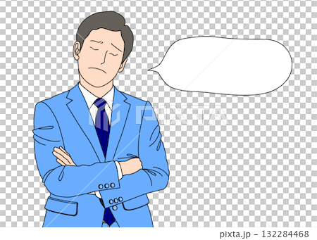 Illustration of a businessman thinking with his arms folded and a speech bubble mark in color 132284468
