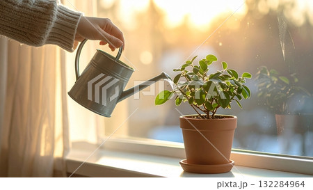 冬の日差しの中、室内の鉢植えに水をあげるブリキのジョウロ 132284964