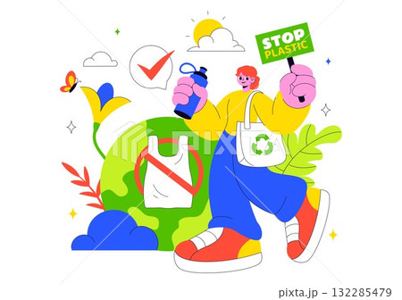 Plastic Waste Reduction Vector Illustration Featuring Waste Minimization, Organic Garbage Management, And Environmental Awareness Campaign Background 132285479