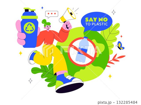 Plastic Waste Reduction Vector Illustration Featuring Waste Minimization, Organic Garbage Management, And Environmental Awareness Campaign Background 132285484