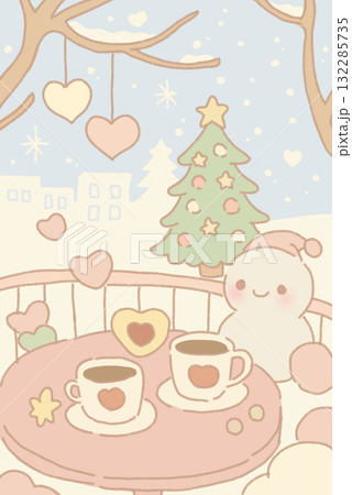 雪だるまとカフェタイムなかわいいクリスマスイラスト 雪だるまとカフェタイムなかわいいクリスマスイラスト 132285735