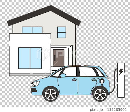 一輛環保電動車在房子前充電 132285902