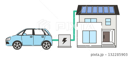 電気自動車と太陽光発電住宅をつなぐV2Hのイメージイラスト 132285903
