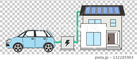V2H 連接電動車和太陽能住宅的示意圖 132285903