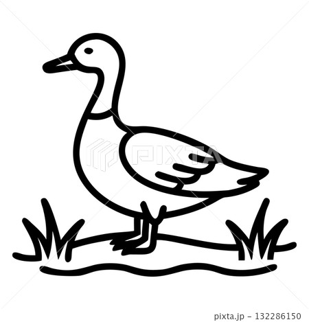 Outlined duck stands peacefully on small grassy mound in a minimal black and white sketch 132286150