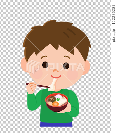 Illustration of a boy eating ozoni Illustration of a boy eating ozoni 132286285