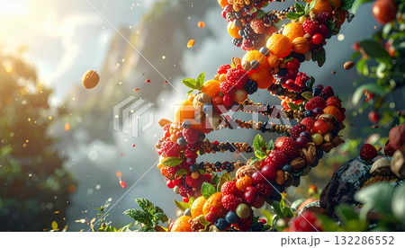 Artistic DNA helix made from fresh fruits, nuts, and seeds symbolizing nutrition, genetics, and natural wellness. A creative concept linking healthy food to human biology and longevity science 132286552