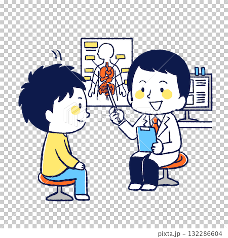 図を見せながら患者に説明している医者のイラストのイラスト素材