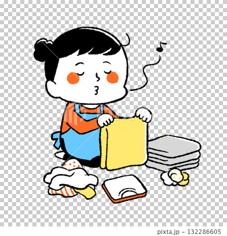 洗濯物を畳みながら鼻歌を歌っている主婦 洗濯物を畳みながら鼻歌を歌っている主婦 132286605