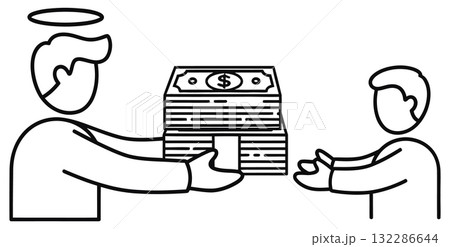 Angelic character giving stack of money in outlined illustration business concept 132286644