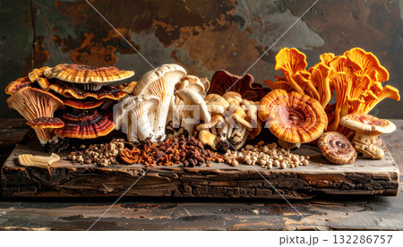 Assorted medicinal mushrooms including reishi, cordyceps, and shimeji displayed on a rustic wooden board. Rich textures and earthy tones highlight their adaptogenic and wellness properties 132286757