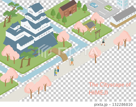 Isometric landscape of Himeji Castle during cherry blossom season | Three-dimensional illustration of cherry blossoms in full bloom and Shirasagi Castle, a famous Japanese castle in spring 132286810
