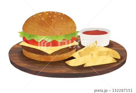 アメリカンなハンバーガーとポテト水彩 アメリカンなハンバーガーとポテト水彩 132287151