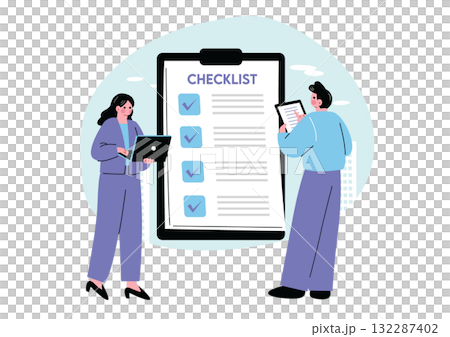 仕事のチェックリストを確認する会社員の男女 仕事のチェックリストを確認する会社員の男女 132287402