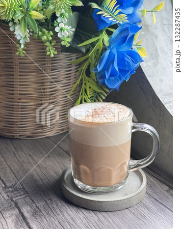 Hot Cappuccino in a Clear Glass Mug Hot Cappuccino in a Clear Glass Mug 132287435