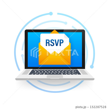 Laptop displaying online RSVP invitation email on screen 132287528
