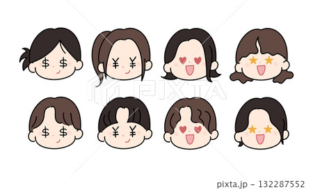 かわいい男女の顔セット 様々な表情 お金の目 ハート目 キャラクター 132287552