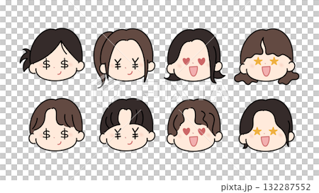 かわいい男女の顔セット 様々な表情 お金の目 ハート目 キャラクター 132287552