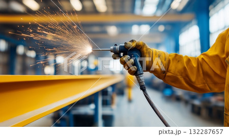 Industrial worker with protective gear using grinding tool in factory workshop 132287657