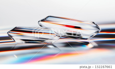 Colorful refraction in clear prism shapes reflecting rainbow spectrum 132287661