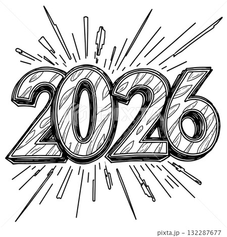 3D 2026 Numbers with Wood Grain Texture and Bursting Lines year lettering 132287677