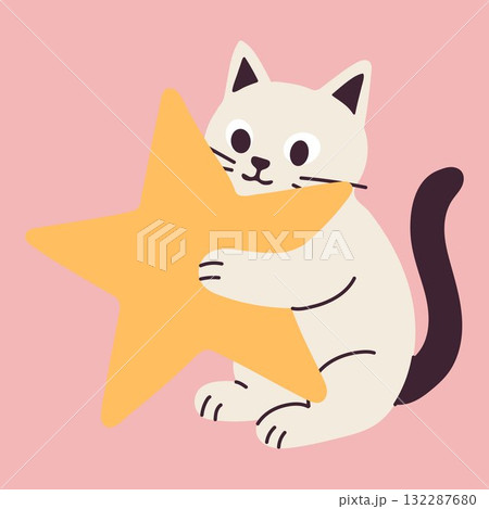Whimsical Cartoon Cat Embracing Star 132287680