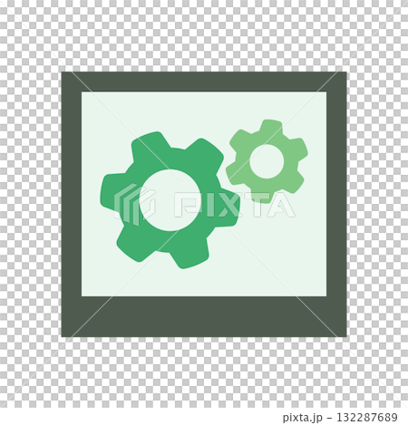 Flat illustration of a green gear icon and a polaroid-style frame Flat illustration of a green gear icon and a polaroid-style frame 132287689