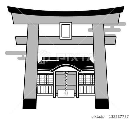 神社の鳥居と拝殿のモノクロイラスト 神社の鳥居と拝殿のモノクロイラスト 132287787