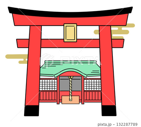 神社の鳥居と拝殿のカラーイラスト 132287789