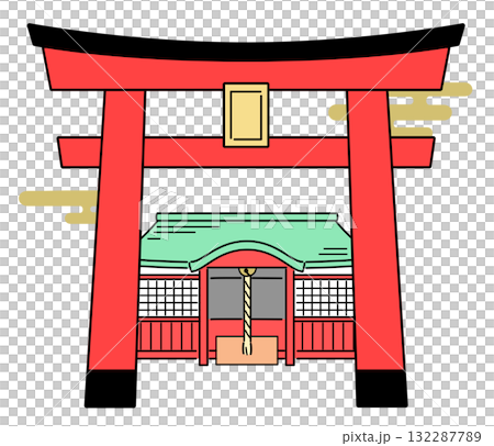 神社の鳥居と拝殿のカラーイラスト 132287789