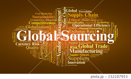 Global Sourcing Word Cloud. Key Concepts Of International Procurement, Cost Efficiency, Risk Management, And Strategic Supply Chain Operations. 132287953