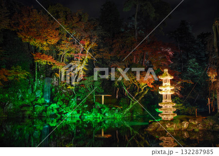 金沢・兼六園の夜を彩るライトアップ、瓢池に佇む海石塔と優美に流れる翠滝の景観 132287985