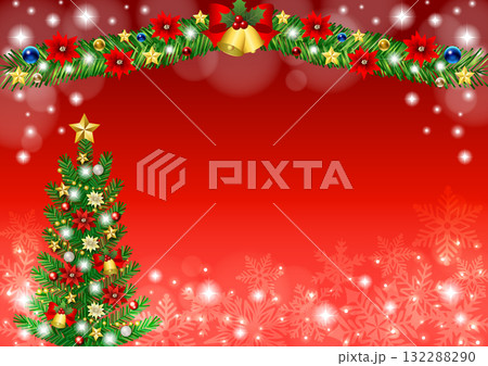 クリスマス背景、ツリーとモール、赤、かわいい、イラスト、横 クリスマス背景、ツリーとモール、赤、かわいい、イラスト、横 132288290