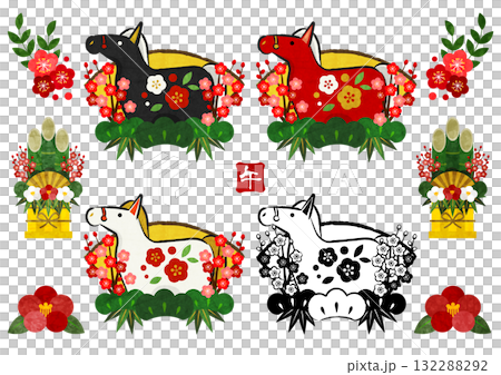 馬年新年圖示 09 套裝，扇子，馬，插圖，可愛 132288292
