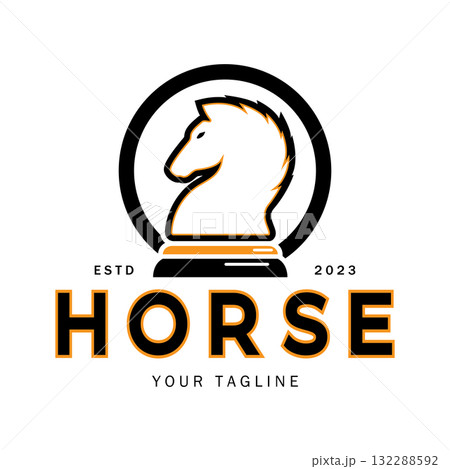 Chess strategy game logo with horse, king, pawn, minister and rook. Logo for chess tournament, chess team, chess championship, chess game application. 132288592