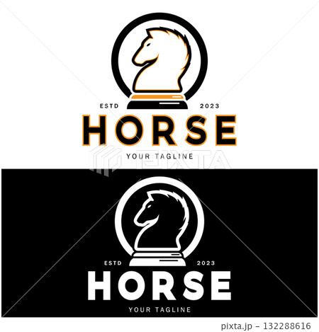Chess strategy game logo with horse, king, pawn, minister and rook. Logo for chess tournament, chess team, chess championship, chess game application. Chess strategy game logo with horse, king, pawn, minister and rook. Logo for chess tournament, chess team, chess championship, chess game application. 132288616