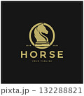 Chess strategy game logo with horse, king, pawn, minister and rook. Logo for chess tournament, chess team, chess championship, chess game application. 132288821