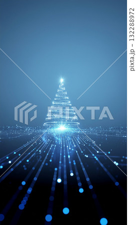 A 3D render of a futuristic Christmas tree made of glowing, swirling fiber optic lines on a dark blue background, concept of technology and holidays. A 3D render of a futuristic Christmas tree made of glowing, swirling fiber optic lines on a dark blue background, concept of technology and holidays. 132288972