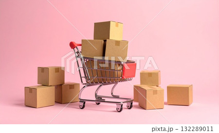 ショッピングカートと段ボール 買い物 AI生成素材 ショッピングカートと段ボール 買い物 AI生成素材 132289011