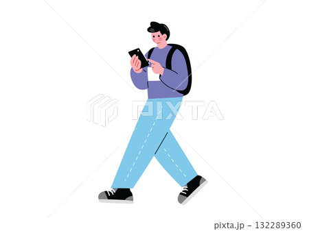 スマホを見ながら歩く男性 132289360