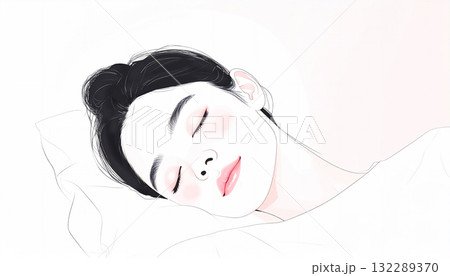 目を閉じて眠る若い女性のシンプルなイラスト、睡眠イメージの線画、生成ai画像  132289370