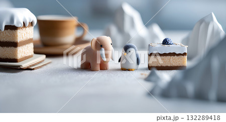 癒しの動物たち / 可愛いマンモスとペンギンとコーヒー（3D）Healing Animals 132289418