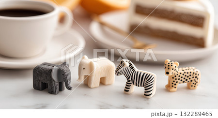 癒しの動物たち / 可愛い象とシマウマとライオンとコーヒー（3D） Healing Animals 132289465