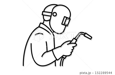 溶接作業の線画イラストアイコン、作業員と溶接ツール 132289544