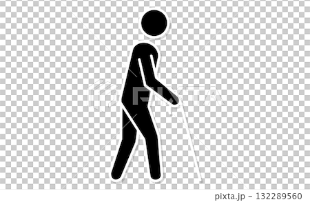Line drawing illustration icon of an elderly person with a cane 132289560
