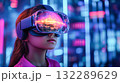 A girl wearing VR glasses interacts with a holographic globe. Generative Ai. 132289629