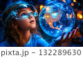A girl wearing VR glasses interacts with a holographic globe. Generative Ai. 132289630