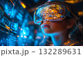 A girl wearing VR glasses interacts with a holographic globe. Generative Ai. 132289631