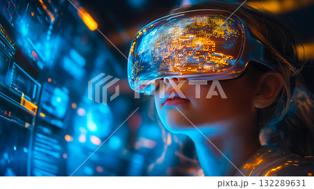 A girl wearing VR glasses interacts with a holographic globe. Generative Ai. 132289631